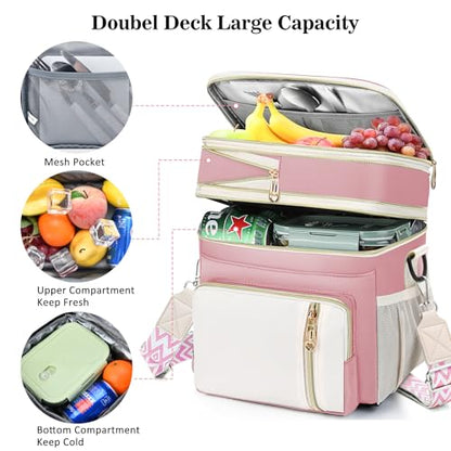 LOKASS Lunch Box & Lunch Bag for Women Men Double Deck, Large Insulated Adult Lunch Box Leakproof Lunchbox Cooler Bag for Work Picnic Beach,（Pink&White 16L） - color: Pink 1