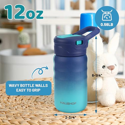 HAUSHOF Kids Water Bottle 12 oz BPA-free with Straw and Stickers, Stainless Steel Vacuum Double Wall Insulated cup with Leak Proof for school, Gift, Boys (Blue and Green) - color: Blue and Green(1 Pack)