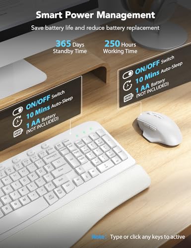 SABLUTE Wireless Keyboard and Mouse Combo with Ergonomic Wave Key | Leather Soft Palm Rest, 2.4G Full Size, 6-Button Mouse, 4-Level DPI, USB-A/C, MA12 Set for PC, Laptop, Windows, macOS (White） - color: Cloud White