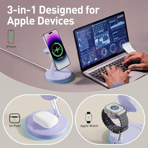 【Adjustable Blue Ambient Light】 Wireless Charger 3 in 1 for iPhone, Magnetic Charging Station for Apple Family,15W Fast MagSafe Charger Stand,for iPhone17-12-iWatch AirPods Series - color: Purple