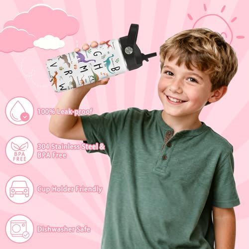 Alphabet Dinosaur Water Bottle for Boys, 16oz Kids Stainless Steel Insulated Water Bottle with Straw Lid, Dinosaur Dino Cup Tumbler Gifts for School - color: Alphabet Dinosaur