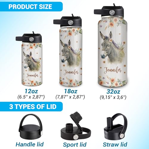 Hyturtle Personalized Donkey Water Bottle - Custom Name Insulated Stainless Steel Bottle with Leak-Proof Lid 18oz 32oz - Animal Lover Gift for Women Girls Donkey Lovers - Birthday & Christmas Gift - color: Donkey
