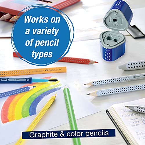 Faber-Castell Grip Trio Manual Pencil Sharpener (Red or Blue) - Graphite, Jumbo and Colored Pencil Sharpener