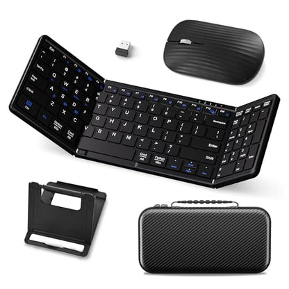 USB-C Rechargeable Folding Wireless Bluetooth Keyboard Combo | Full-Size Portable Travel Keyboard & Mouse for Business Travel, Compatible with Laptop iPad Tablet