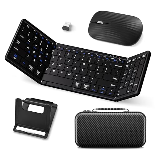 USB-C Rechargeable Folding Wireless Bluetooth Keyboard Combo | Full-Size Portable Travel Keyboard & Mouse for Business Travel, Compatible with Laptop iPad Tablet