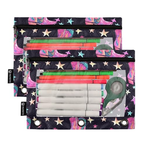 Fustylead Bright Pink Groovy Disco Cowgirl Boots Big Capacity Pencil Bag Fits 3 Ring Binders, Waterproof Pencil Case with Clear Window for School Cosmetic Office Students Supplies 2 Pack - color: Black03