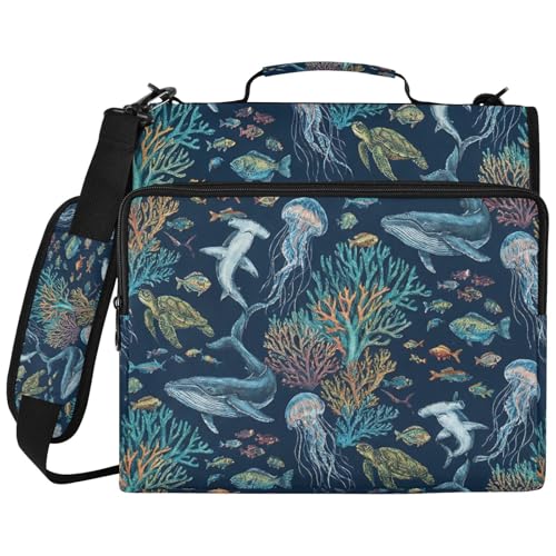 Sharks Jellyfish 2inch 3 Ring Zipper Binder Multi-Pocket Storage Holds 14 Inch Laptop for Students and Office Use - color: Sharks Jellyfish