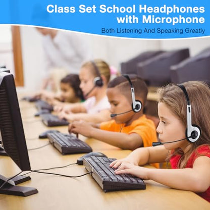 Yunsailing 30 Pack Classroom Headphones with Microphone School Student Headphones Bulk Class Set Lightweight Adjustable Earphones on Ear with 3.5 mm Jack(White,Plastic Stem) - color: White, style: Plastic Stem