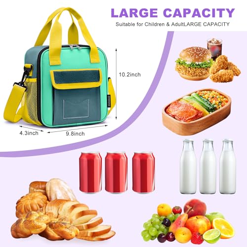 Lunch Box for Kids, Large Double-Insulated Lunch Bag for Boys, Cooler Bag Back to School Thermal Reusable, Cute Preppy Students Lunch Tote Pail with Water Bottle Holder, Blue & Green