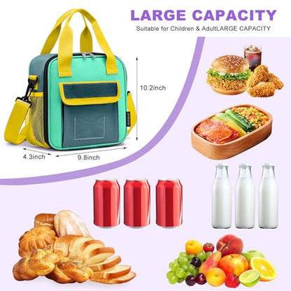 Lunch Box for Kids, Large Double-Insulated Lunch Bag for Boys, Cooler Bag Back to School Thermal Reusable, Cute Preppy Students Lunch Tote Pail with Water Bottle Holder, Blue & Green
