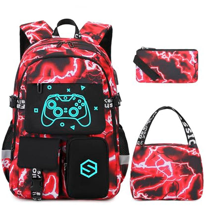 Scothen Boys Backpack, Cool Luminous School Backpacks for Boys with Lunch Bag Pencil Case, Kids Backpack Kindergarten Elementary Middle School Book Bags for Teen Boy Children with USB Charging Port - color: Red Lightning