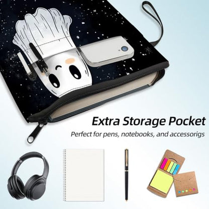 Padded Book Sleeve with Zipper & Front Pocket, Fabric Book Cover | Cute Ghost Starry Sky Space11.4"x8.7" Washable Canvas Pouch for Hardcovers, Tablets & Reading Accessories - color: Cute Ghost Starry Sky Space