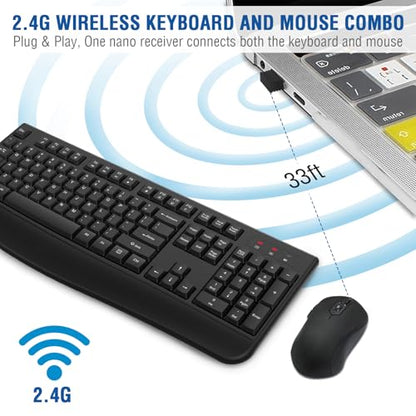 Wireless Keyboard and Mouse Combo, EDJO 2.4G Full-Sized Ergonomic Computer Keyboard with Wrist Rest and 3 Level DPI Adjustable Wireless Mouse for Windows, Mac OS Desktop/Laptop/PC - color: Black