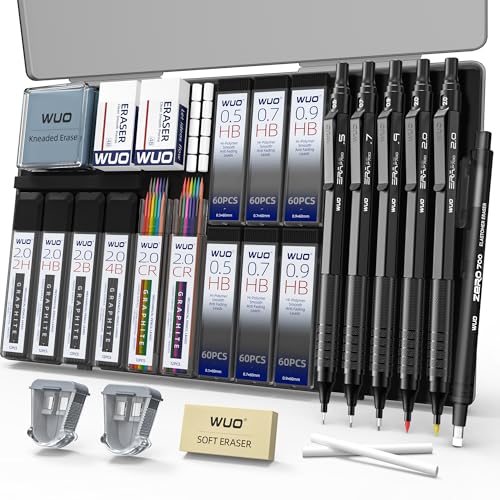 WUO Metal Mechanical Pencil Set, 5-Pack 0.5mm 0.7mm 0.9mm 2.0mm Drafting Pencils with 432 Lead Refills, Precision Eraser Pen, Erasers & Sharpeners for Drawing, Sketching, Writing - color: Black, size: 0.5/0.7/0.9/2.0
