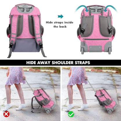 Tilami Rolling Backpack & Lunch bag for Kids 19 Inch Wheeled Bookbag for Boys & Girls for School & Travel,Giraffe pink - color: Giraffe Pink