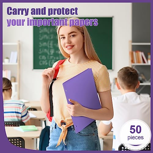 Yeaqee 50 Pcs Plastic Folders with Pockets Bulk 3 Hole Punched 2 Pocket File Folders for 3 Ring Binder Divider Folder for Notebooks, Durable Poly for Office Home (Purple) - color: Purple