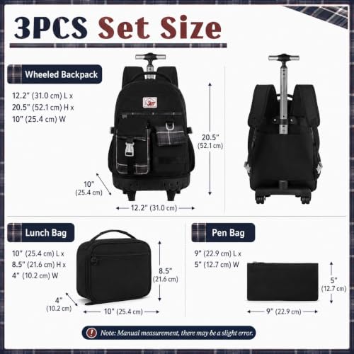 AGSDON Rolling Backpack for Girls, 21" Women Roller Wheels Bookbag, Laptop Wheeled Suitcase School Backpacks with Lunch Bag for Teens - color: Square Black
