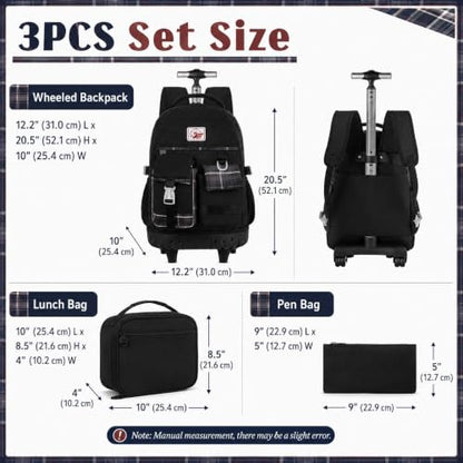 AGSDON Rolling Backpack for Girls, 21" Women Roller Wheels Bookbag, Laptop Wheeled Suitcase School Backpacks with Lunch Bag for Teens - color: Square Black