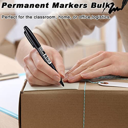 Thenshop 100 Pack Permanent Markers Bulk Black Set Fine Point Marker Pens Waterproof Works on Plastic, Wood, Stone, Metal and Glass