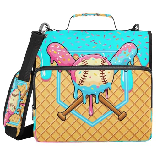 Gredecor 3 D-Ring Zipper Binder 1.5 in Waterproof Cyan Ice Cream Drip Baseball Binder with Zipper Shoulder Strap, Multi-Pockets Organizer Bag for School & Office Supplies, Storage 500 Sheets Capacity - color: Cyan Ice Cream Drip Baseball