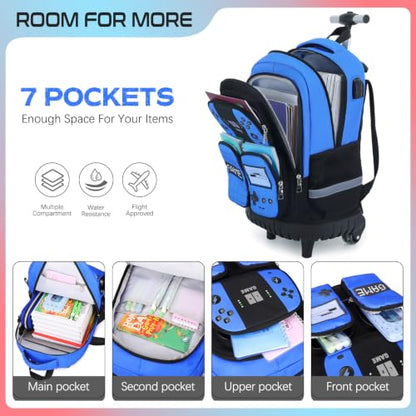 Jafeton Rolling Backpack for Boys, 3 PCS Gamer Boy Backpack Set with Lunch Box & Pencil Pouch, Roller Wheels School bag for Boys Kids Teens, Elementary Middle School, Kids Bookbag Casual Daypack - color: Blue