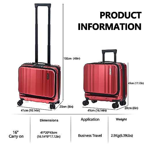 TydeCkare 16" Carry on Luggage with 2 Laptop Compartments, Lightweight Hardshell ABS+PC Suitcase with Dual Control TSA Lock, with YKK Zipper, 4 Spinner Silent Wheels, for Business Travel, Wine Red - color: Wine Red