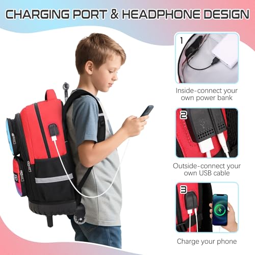 Jafeton Rolling Backpack for Boys, 3 PCS Gamer Boy Backpack Set with Lunch Box & Pencil Pouch, Roller Wheels School bag for Boys Kids Teens, Elementary Middle School, Kids Bookbag Casual Daypack - color: Red Black