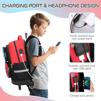 Jafeton Rolling Backpack for Boys, 3 PCS Gamer Boy Backpack Set with Lunch Box & Pencil Pouch, Roller Wheels School bag for Boys Kids Teens, Elementary Middle School, Kids Bookbag Casual Daypack - color: Red Black