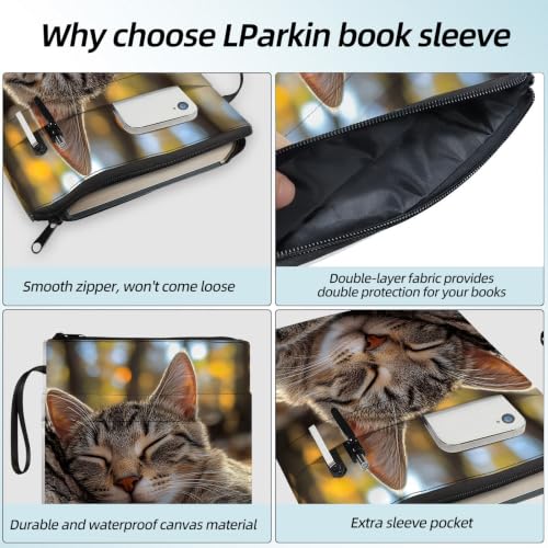 Padded Book Sleeve with Zipper & Front Pocket, Fabric Book Cover | Cute Sleeping Tabby Cat Tree11.4"x8.7" Washable Canvas Pouch for Hardcovers, Tablets & Reading Accessories - color: Cute Sleeping Tabby Cat Tree