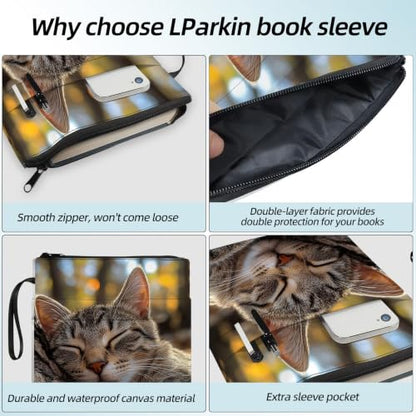 Padded Book Sleeve with Zipper & Front Pocket, Fabric Book Cover | Cute Sleeping Tabby Cat Tree11.4"x8.7" Washable Canvas Pouch for Hardcovers, Tablets & Reading Accessories - color: Cute Sleeping Tabby Cat Tree