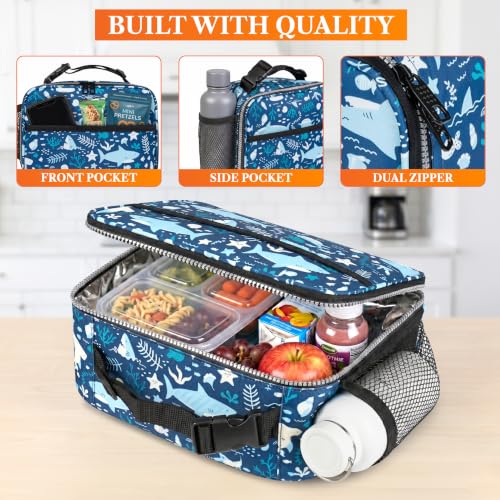 opux Insulated Lunch Bag for Kids, Reusable Lunch Box for School with Leakproof Lining, Compact Soft Cooler Tote for Boys & Girls, Front Pocket, Mesh Side Bottle Holder (Blue Shark) - color: Blue Shark