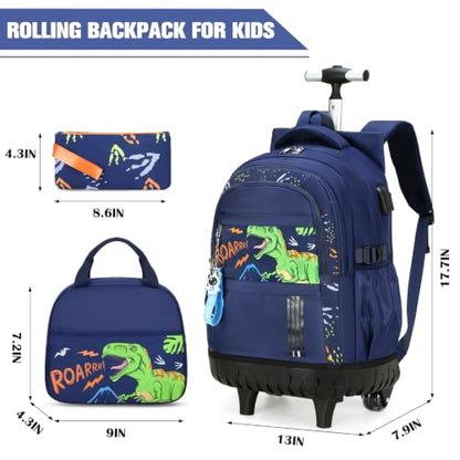 ACESAK Rolling Backpack for Boys, Kids Backpack with Wheels Portable with Insulated Lunch Box & Pencil Case, Multi-Pocket Roller Backpack for Preschool Kindergarten Kids Boys Travel(Dinosaur) - color: Dinosaur