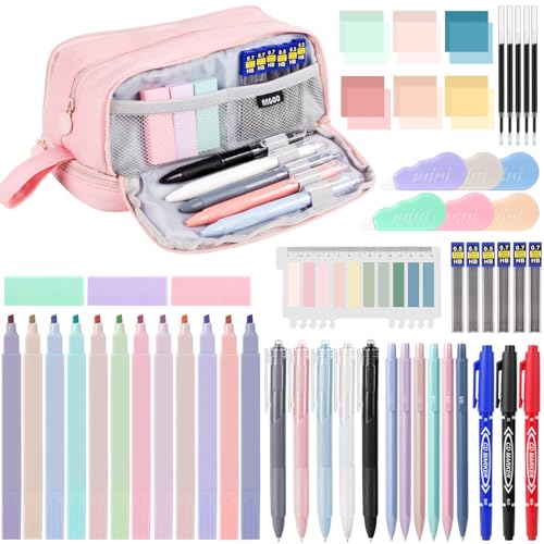 54 PCS Aesthetic School Supplies, Stationery Essentials Set with Large Pen Case, Mechanical Pencils & Black Ink Gel Pens with Refills, Markers, Erasers, Highlighters, Sticky Notes, Correction Tapes - color: Pink
