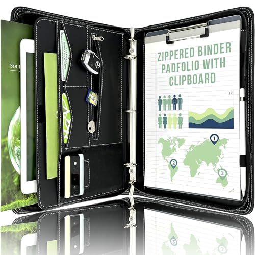 STYLIO Zipper Portfolio Binder | Padfolio 3 Ring Binder (1") and Clipboard Folio (Removable)| Portfolio Organizer for Documents, iPad, Tablet, Phone |Faux Leather Notebook Folio for Men & Women - color: Black, style: Zipper Binder (3-Ring)