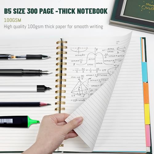 Hardcover Spiral Notebook with removable dividers 300 page,5 Subject Notebook 8"x10" B5 College Ruled Notebooks for Work Note taking，Lined Journal for Women (Black) - color: BLACK
