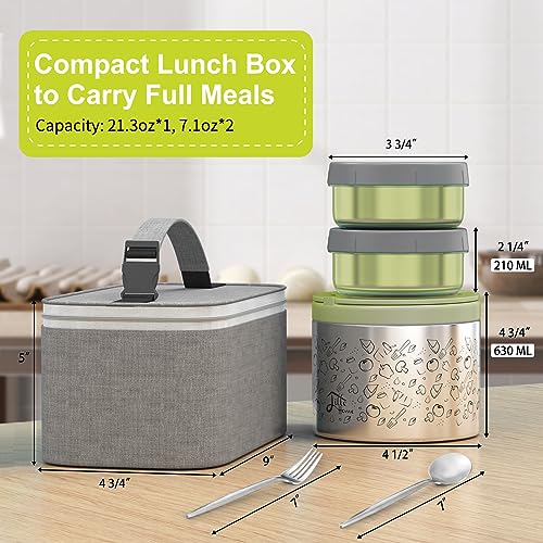 Lille Home Stainless Steel Thermal Lunch Box Set with Lunch Bag and Cultery | 22 Oz Vacuum Insulated Lunch Bento Box, to Keep Food Warm/Cool, 2 Small Food Container for Snack, Fruits and Sauces (Green) - color: Green