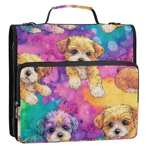 ALAZA Dogs Rainbow Marble Zipper Binder 1.5 inch 3 Ring Binder Organizer with Shoulder Strap and Handle for Home Office Work