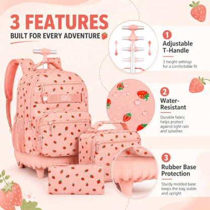 3Pcs Rolling Backpack for Girls Women, Travel Roller Backpacks with Wheels for Adults, Teens College Strawberry Wheeled Bookbag with Lunch Box (Pink) - color: Strawberry Pink