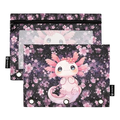 Axolotl Pencil Pouch For 3 Ring Binder Clear Window Pencil Case For 3 Ring Reinforced Grommets With Zipper, 2 Pack - color: Axolotl