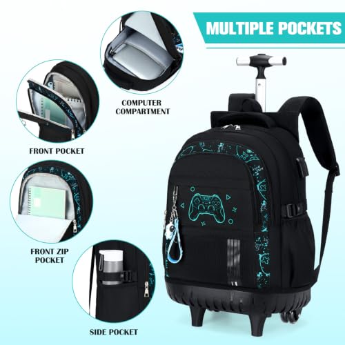 ACESAK Rolling Backpack for Boys, Kids Backpack with Wheels Portable with Insulated Lunch Box & Pencil Case, Multi-Pocket Roller Backpack for Preschool Kindergarten Kids Boys Travel(Black Game) - color: Black Game