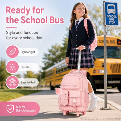 KLFVB Rolling Backpack for Girls, 3PCS Roller Bookbag with Lunch Bag for Kids, Wheeled School Bag for Teen - Pink Ribbon Bow - color: Pink Ribbon Bow Rolling Backpack