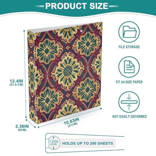 3 Ring Binder with Clipboard, D Rings Holds 200 Sheets, Heavy Duty Binders Folder for School Office, Waterproof PVC Cover with 3 Interior Clear Pockets, Songket Textile Texture