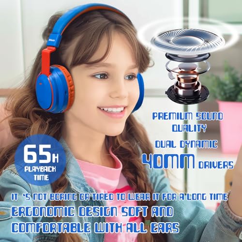 Mokata Kids Headphones Bluetooth 5.3 Wireless Lightweight Fast Charging 68 Hours Play Time Volume Limited 85/94dB Over Ear Foldable with Built-in Mic for Toddler Boy Girl Tablet Pad Blue - color: Blue