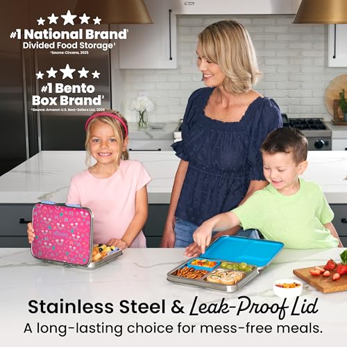 Bentgo Kids Stainless Steel Prints Leak-Resistant Lunch Box - 3-Compartments with Silicone Container, Durable, Eco-Friendly, Dishwasher Safe, BPA-Free, for School, Ages 3+ (Rainbows & Butterflies) - color: Rainbows and Butterflies