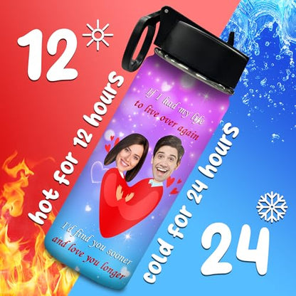 Custom Water Bottle with Face Photo, Personalized Water Bottle Valentine's Gift Insulated Cup Bottle for Her Him Women Men - color: Color_100