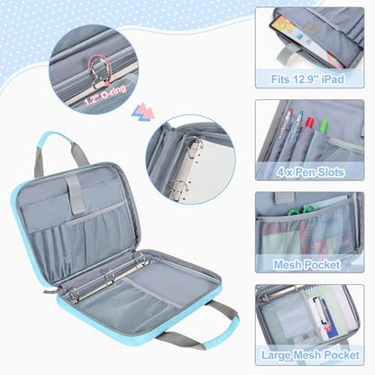 YARWO 2026 Upgraded Zipper Binder with 3 Pencil Pouches, 3 Ring Binder Bag | Small File Organizer, Multi Pockets, Padded Sleeve Fits 13” iPad, ID window, 1.2" O Ring, for School, Office, Work, Blue - color: Blue