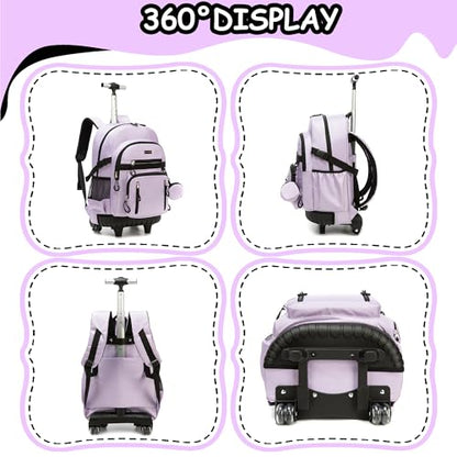 Rolling Backpack for School Girls Rolling Backpack with Lunch Box Backpacks with Wheels for Teen Girls Kids Roller Backpacks for Elementary - color: Solid New Purple