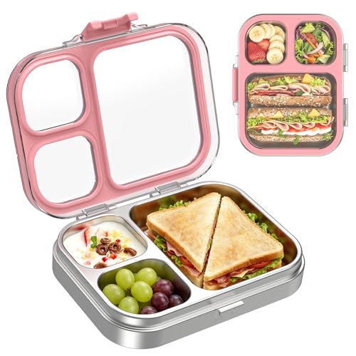 LOHASOK Kids Stainless Steel Lunch Bento Box BPA-Free Leak-Proof Tritan Lid 304 Metal Food Container with 3 Compartments for Girls Boys School,Pink - color: Pink, size: 27oz/800ml