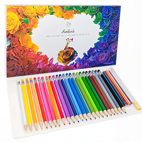 FUNLAVIE 24 Mechanical Colored Pencils with 24 Lead Refills, 48 Pcs Total, 2.6mm Oil-Based Soft Core Drawing Pencils for Adult Coloring Books, Vivid Brilliant Color for Art & Sketching, with Sharpener - color: 24 Mechanical Colored Pencils