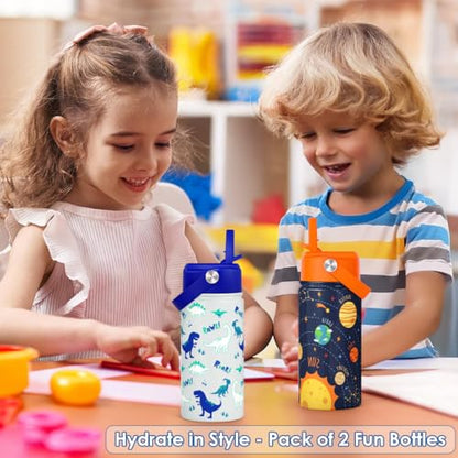 Kid Water Bottle 12oz with Straw Lid - 2-Pack Insulated Stainless Steel Water Bottles for Kids Girls - Travel Cup for Back to School Sports Christmas Birthday (Solar System & Dinosaur) - color: Dinosaur + Solar System